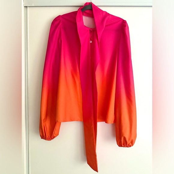 Women’s Sz L Pink/Orange Ombre Tie Neck Lantern Sleeve Blouse - Picture 4 of 4